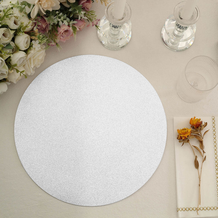 20 Pack | 13inch Silver Glitter Round Paper Table Placemats, Disposable Dining Table Mats