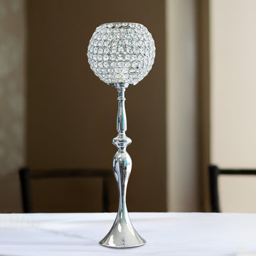 Silver Metal Acrylic Crystal Goblet Candle Holder, Flower Ball Stand 30"