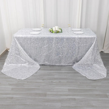 Elevate Your Event with the Silver Metallic Fringe Shag Tinsel Tablecloth