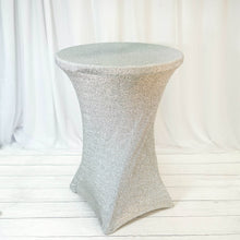 Metallic Shimmer Tinsel Spandex Cocktail Table Cover In Silver