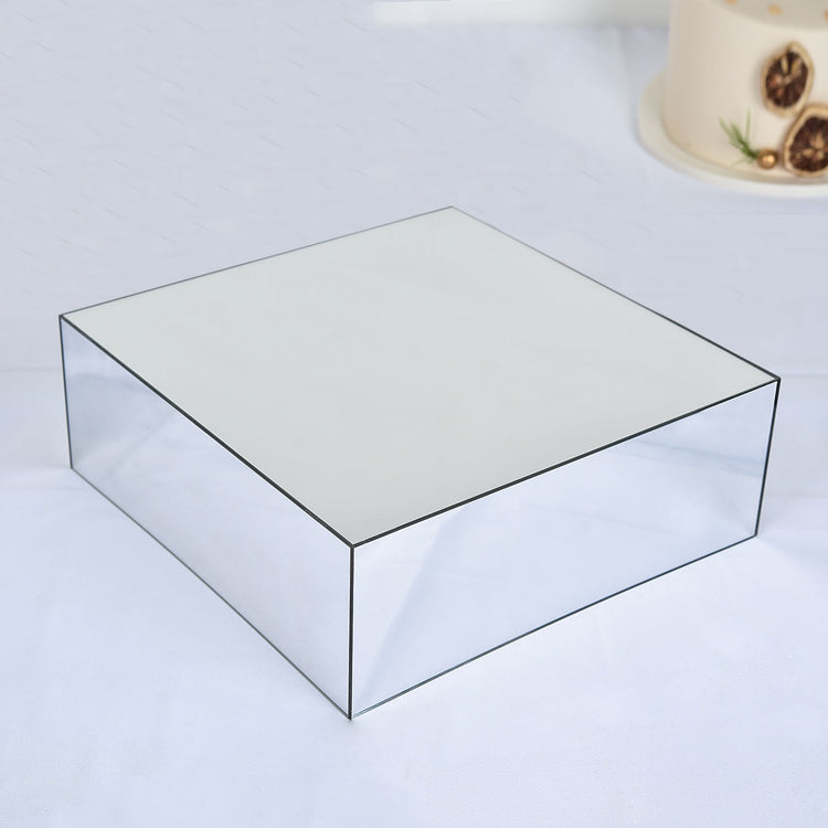 14 Inch x 14 Inch Silver Acrylic Pedestal Riser Mirror Finish Display Cake Box Stand with Hollow Bot