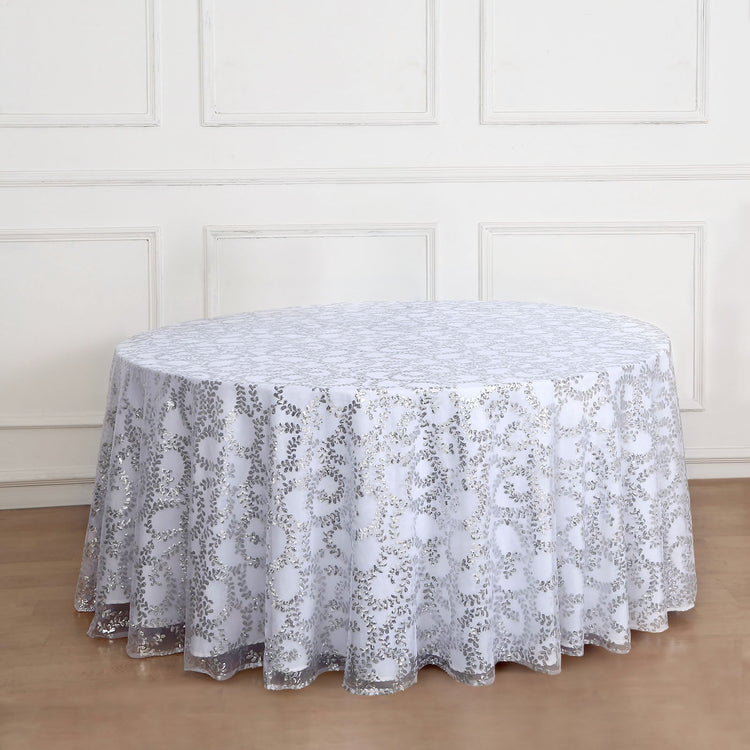 120inch Silver Sequin Leaf Embroidered Seamless Tulle Round Tablecloth, Sheer Table Overlay