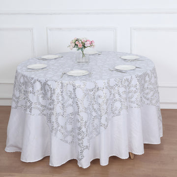Elevate Your Table Decor with the Silver Sequin Leaf Embroidered Seamless Tulle Table Overlay