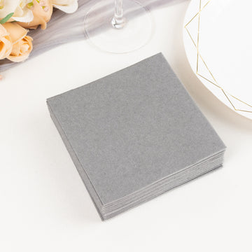 20 Pack Silver Soft Linen-Feel Airlaid Paper Beverage Napkins, Highly Absorbent Disposable Cocktail Napkins - 5"x5"