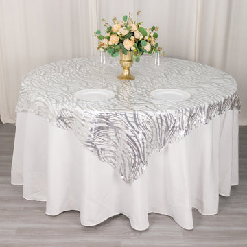 Silver Wave Mesh Square Table Overlay With Embroidered Sequins 72"x72"