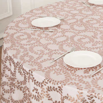 Captivating Rose Gold Sequin Leaf Embroidered Round Tablecloth