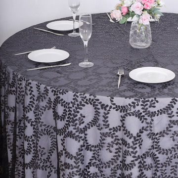 Elegant Black Sequin Leaf Embroidered Seamless Tulle Round Tablecloth