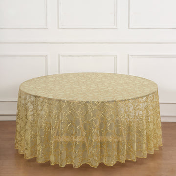 Elegant Gold Sequin Leaf Embroidered Seamless Tulle Round Tablecloth