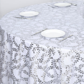 Elegant Silver Sequin Leaf Embroidered Seamless Tulle Round Tablecloth