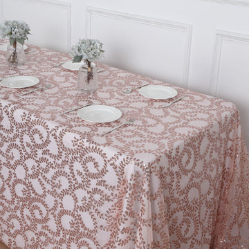 Rose Gold Sequin Leaf Embroidered Tulle Rectangular Tablecloth 90"x156"