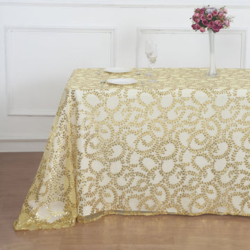 Captivating Gold Sequin Leaf Embroidered Tulle Rectangular Tablecloth