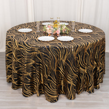 Enhance Your Table Setting with the Black Gold Wave Mesh Round Tablecloth