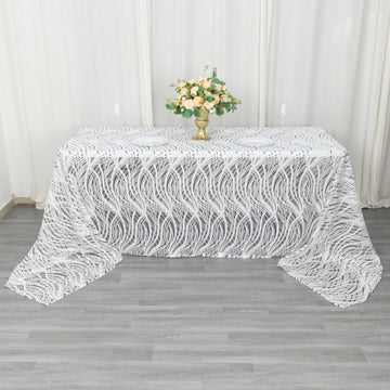 White Black Wave Mesh Rectangular Tablecloth With Embroidered Sequins 90"x156"