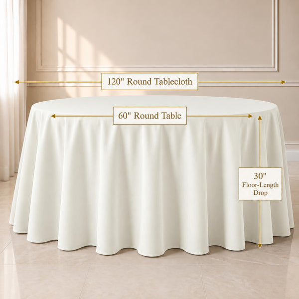 An ivory round tablecloth draped over a 60-inch round table in a softly lit room, with measurement callouts indicating a 120-inch round tablecloth, 60-inch round table, and 30-inch floor-length drop.
