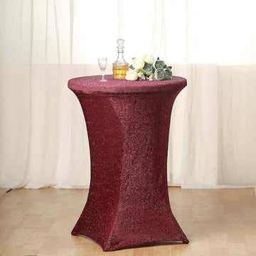 Create a Magical Atmosphere with the Burgundy Metallic Shiny Glittered Spandex Cocktail Table Cover