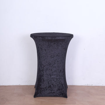 Elevate Your Event with the Black Crushed Velvet Stretch Fitted Round Highboy Cocktail Table Cover