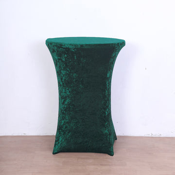 Add Elegance to Your Event with the Hunter Emerald Green Crushed Velvet Stretch Fitted Round Highboy Cocktail Table Cover