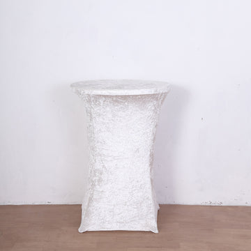 Elevate Your Event Decor with the White Crushed Velvet Stretch Fitted Round Highboy Cocktail Table Cover