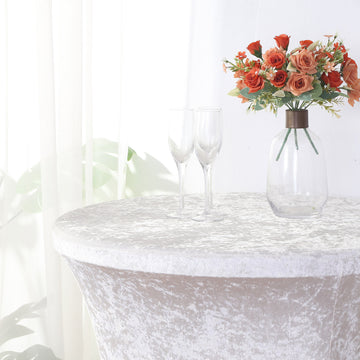Versatile and Elegant Event Decor with the White Crushed Velvet Stretch Fitted Round Highboy Cocktail Table Cover