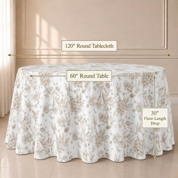 120-inch round tablecloth on 60-inch round table, floor-length drop