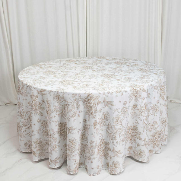 Round floral tablecloth in soft beige and white, elegant dining table cover