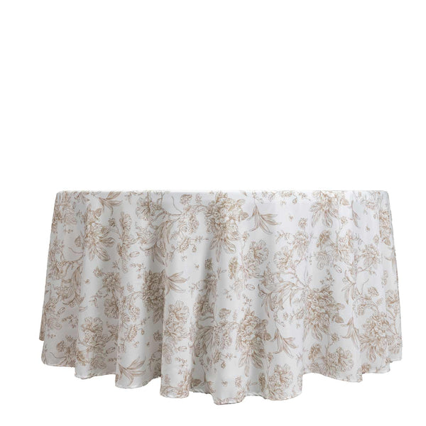 Round tablecloth with beige floral print on white fabric