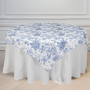 Floral round tablecloth in blue and white on a table