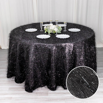 Elevate Your Event with the Black Metallic Fringe Shag Tinsel Round Polyester Tablecloth 120