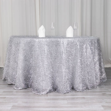 Unleash Your Creativity with the Silver Metallic Fringe Shag Tinsel Round Polyester Tablecloth 120''