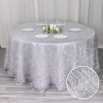 Elevate Your Event with the Silver Metallic Fringe Shag Tinsel Round Polyester Tablecloth 120''