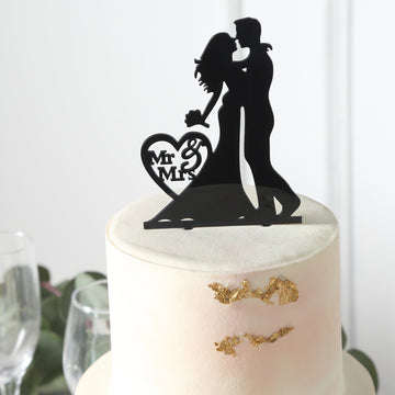 Black Acrylic Silhouette Mr and Mrs Wedding Cake Topper, Bride and Groom Cake Decoration 7" Tall