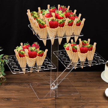 Clear 3-Tier Acrylic 72-Slot Mini Cupcake Display Stand, Foldable Plastic Shot Glass Ice Cream Cone Tray 18" Tall