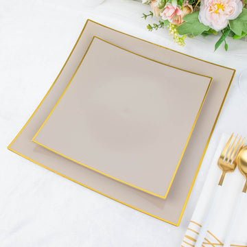 Chic and Elegant Taupe/Gold Concave Square Dessert Plates