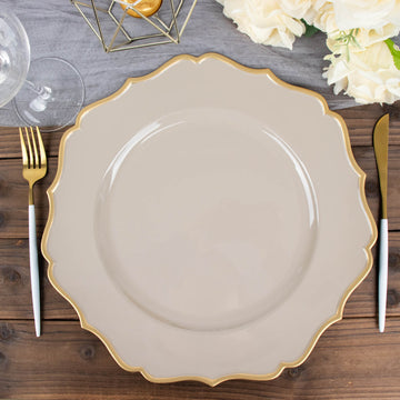 Elegant Taupe and Gold Scalloped Rim Acrylic Charger Plates