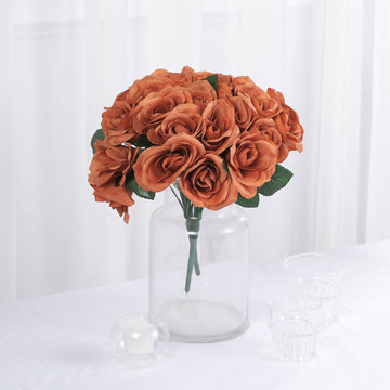 Terracotta (Rust) Artificial Velvet-Like Fabric Rose Flower Bouquet Bush 12'' - Add Elegance and Charm to Your Event Decor