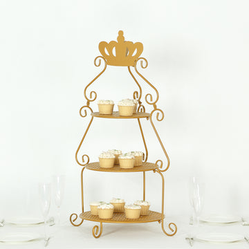 3 Tier Round Gold Metal Cake Stand with Crown Top, Cupcake Holder Dessert Display Stand - 32" Tall