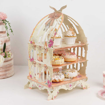 3 Tier White Peach Birdcage Cardboard Cupcake Stand With Floral Print, Cake Display Dessert Holder - 18"