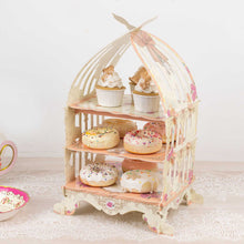 3 Tier White Peach Birdcage Cardboard Cupcake Stand With Floral Print, Cake Display Dessert Holder