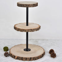 3-Tier Tower Natural Wood Slice Cheese Board Cupcake Stand, Rustic Centerpiece - Assembly Tools Included 19"