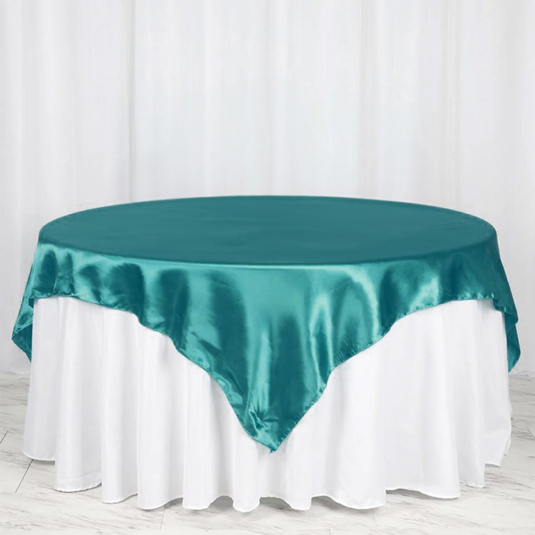 72 Inch x 72 Inch Turquoise Seamless Satin Square Tablecloth Overlay