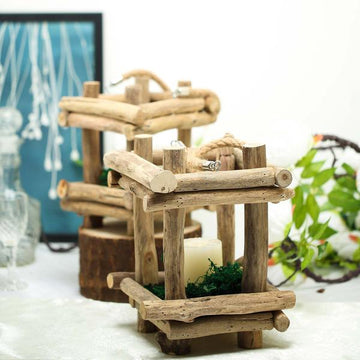 Rustic Multipurpose Wooden Lantern Centerpiece Hanging Candle Holder with Rope Handles - Natural Wood