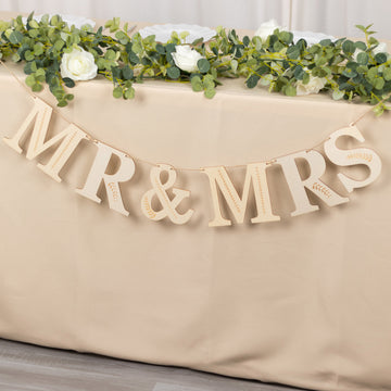 Natural Pre-Strung Mr & Mrs Wooden Letter Garland with Botanical Design - Rustic Wedding Decor