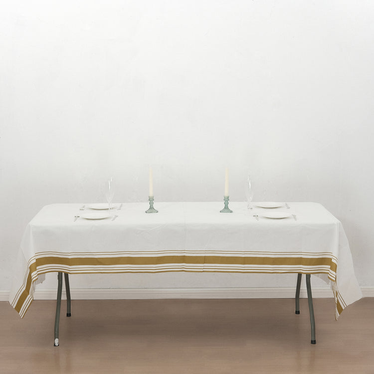 White Airlaid Paper Rectangular Tablecloth with Gold Striped Border