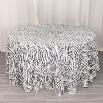 White Black Wave Mesh Round Tablecloth With Embroidered Sequins 120"