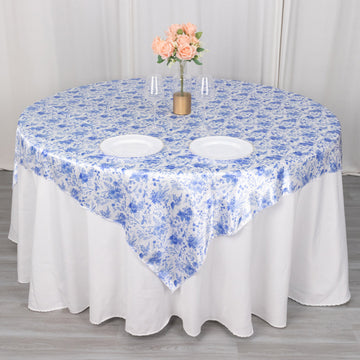 Elevate Your Table Setting with the White Blue Chinoiserie Floral Print Satin Table Overlay