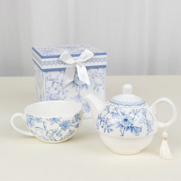 White Blue Chinoiserie Bridal Shower Gift Set, Porcelain Teapot and Cup Set with Matching Keepsake Gift Box