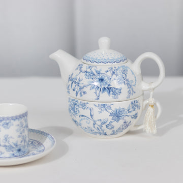 Enchanting White Blue Chinoiserie Porcelain Teapot and Cup Set