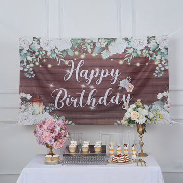 Whimsical White Brown Rustic Wood Floral Happy Birthday Photo Backdrop