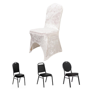 White Crushed Velvet Spandex Stretch Banquet Chair Cover With Foot Pockets, Fitted Wedding Chair Cover 190 GSM