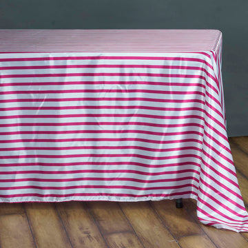 Elevate Your Event Decor with the White/Fuchsia Seamless Stripe Satin Rectangle Tablecloth